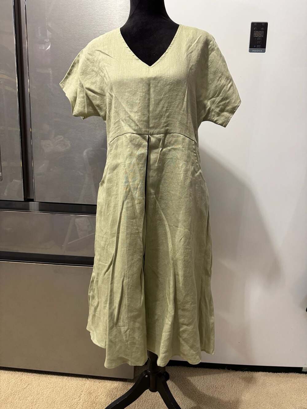 Lintico Sage Green V-Neck Short Sleeve Linen Midi Dress Size M
